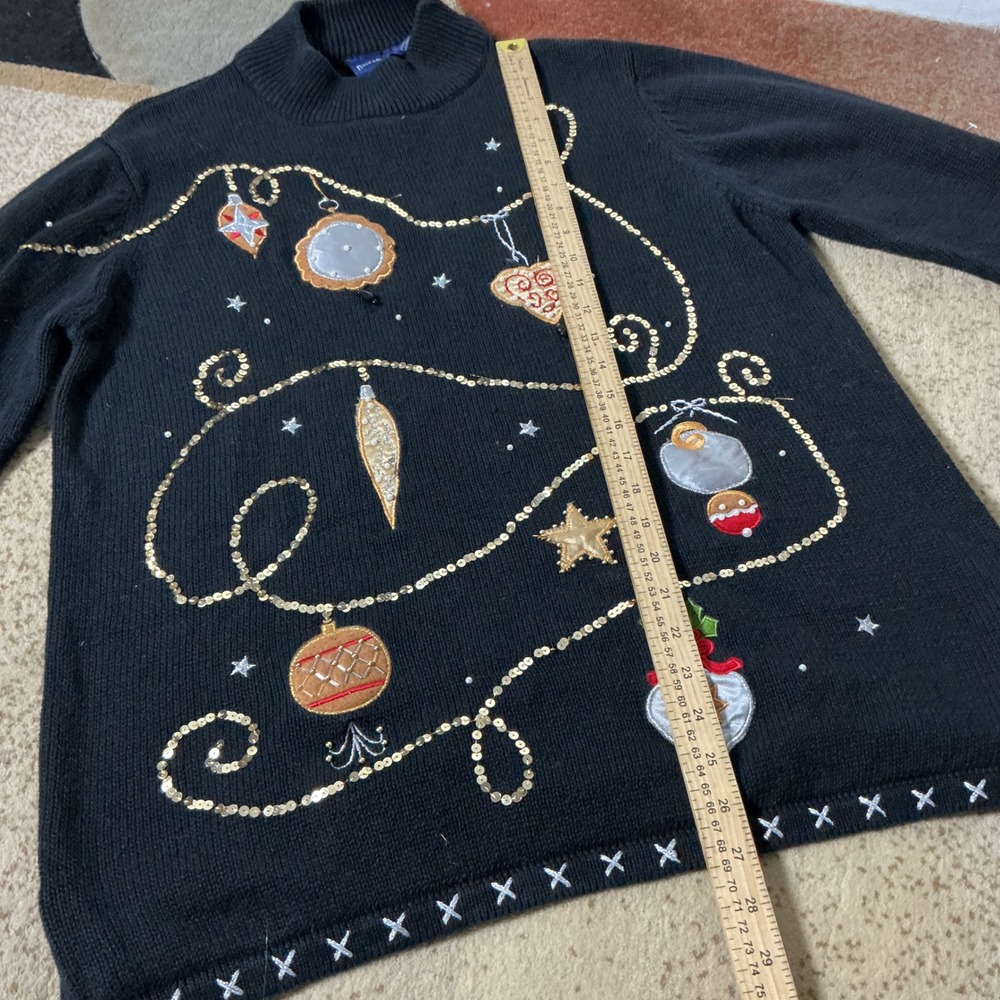 Basic Editions Holiday Ornament Sweater Women XL Black Sequin Festive Knit Top - Picture 4 of 7